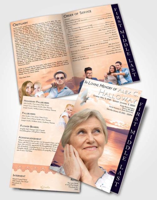 2 Page Graduated Step Fold Funeral Program Template Brochure Lavender Sunset Lake Front