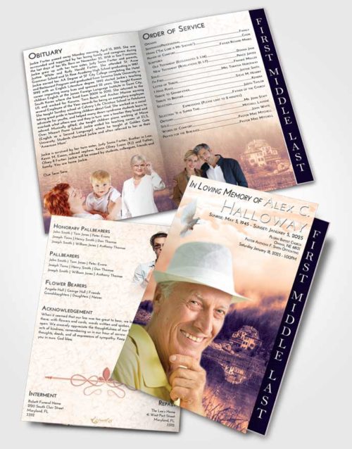 2 Page Graduated Step Fold Funeral Program Template Brochure Lavender Sunset Lake House