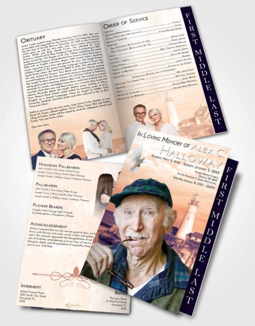 2 Page Graduated Step Fold Funeral Program Template Brochure Lavender Sunset Lighthouse Journey