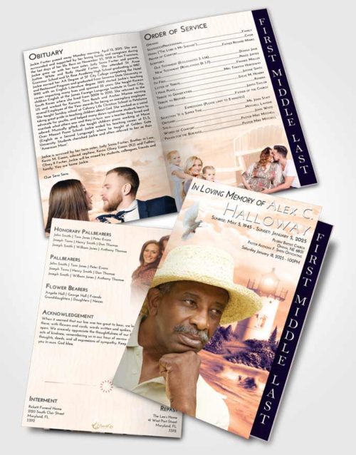 2 Page Graduated Step Fold Funeral Program Template Brochure Lavender Sunset Lighthouse Laughter