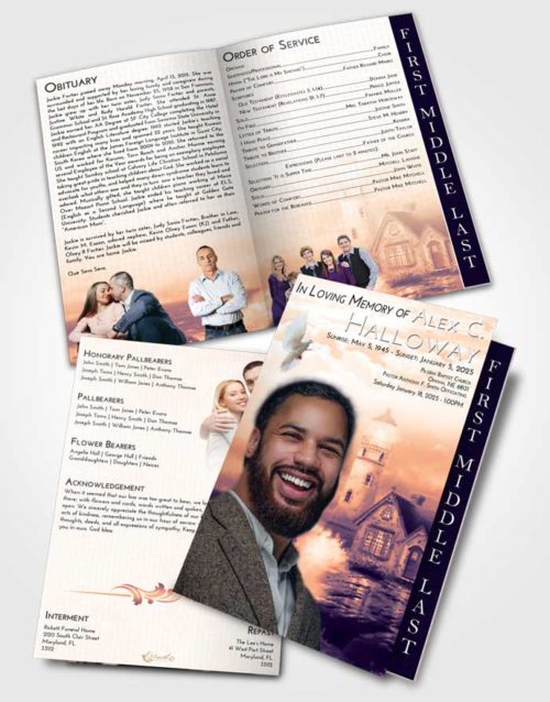 2 Page Graduated Step Fold Funeral Program Template Brochure Lavender Sunset Lighthouse Lookout