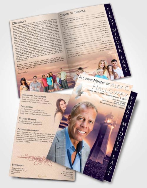 2 Page Graduated Step Fold Funeral Program Template Brochure Lavender Sunset Lighthouse Magnificence