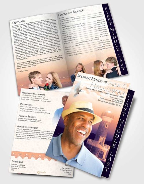 2 Page Graduated Step Fold Funeral Program Template Brochure Lavender Sunset Lighthouse Majesty
