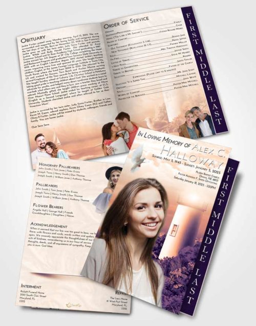 2 Page Graduated Step Fold Funeral Program Template Brochure Lavender Sunset Lighthouse Mystery