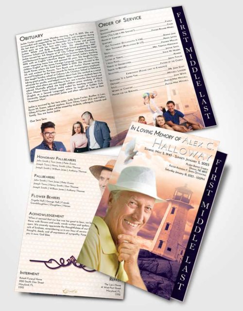 2 Page Graduated Step Fold Funeral Program Template Brochure Lavender Sunset Lighthouse Safety