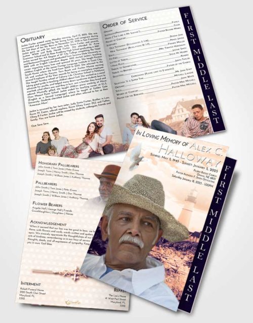 2 Page Graduated Step Fold Funeral Program Template Brochure Lavender Sunset Lighthouse Secret