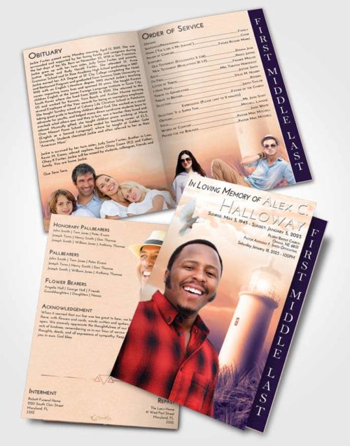 2 Page Graduated Step Fold Funeral Program Template Brochure Lavender Sunset Lighthouse Serenity
