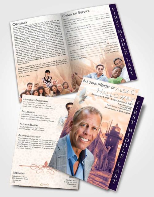 2 Page Graduated Step Fold Funeral Program Template Brochure Lavender Sunset Lighthouse Tranquility