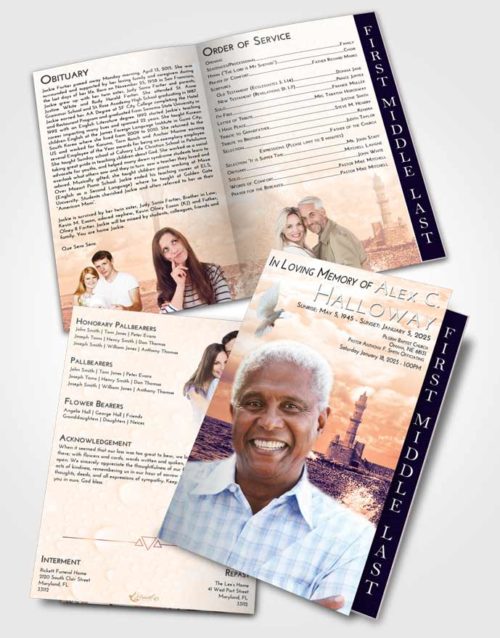 2 Page Graduated Step Fold Funeral Program Template Brochure Lavender Sunset Lighthouse in the Tides