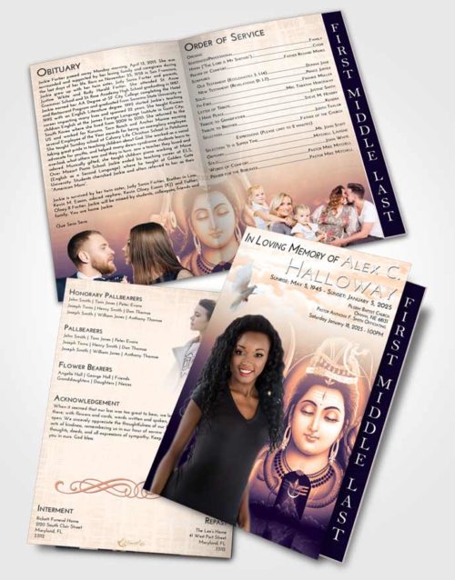 2 Page Graduated Step Fold Funeral Program Template Brochure Lavender Sunset Lord Shiva Dignity