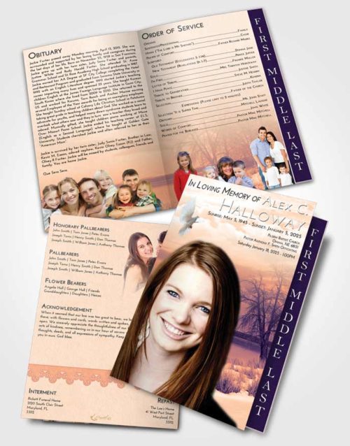 2 Page Graduated Step Fold Funeral Program Template Brochure Lavender Sunset Lovely Lake