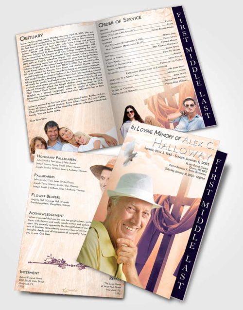 2 Page Graduated Step Fold Funeral Program Template Brochure Lavender Sunset Loving Cross
