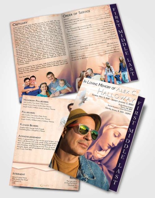 2 Page Graduated Step Fold Funeral Program Template Brochure Lavender Sunset Mary Mother in Heaven