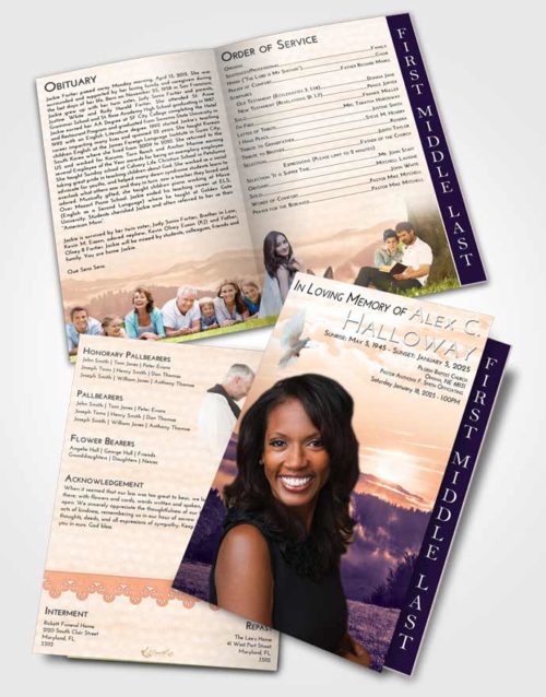 2 Page Graduated Step Fold Funeral Program Template Brochure Lavender Sunset Misty Forest