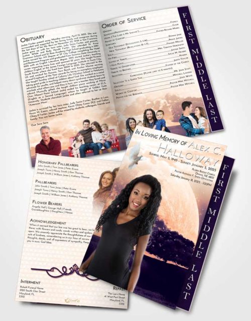 2 Page Graduated Step Fold Funeral Program Template Brochure Lavender Sunset Moon Gaze