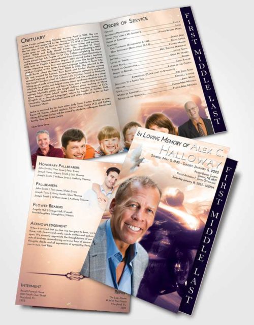 2 Page Graduated Step Fold Funeral Program Template Brochure Lavender Sunset Motorcycle Speed