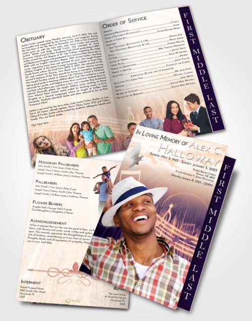 2 Page Graduated Step Fold Funeral Program Template Brochure Lavender Sunset Music Peace