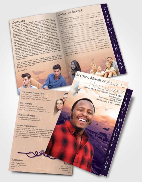 2 Page Graduated Step Fold Funeral Program Template Brochure Lavender Sunset Natural Beach
