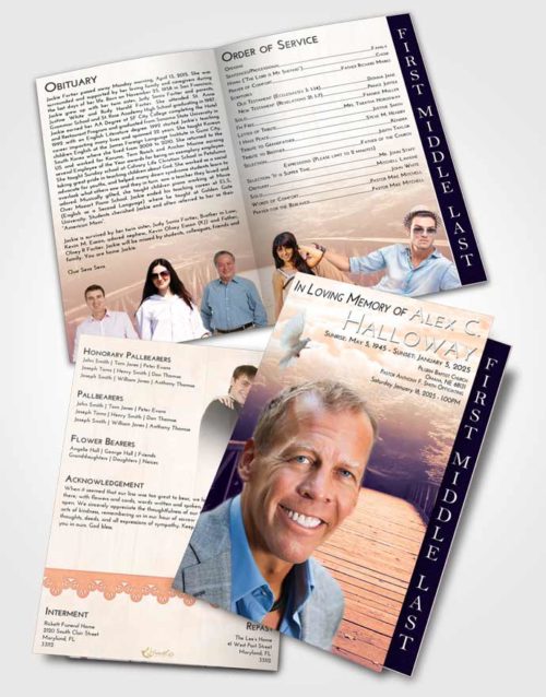 2 Page Graduated Step Fold Funeral Program Template Brochure Lavender Sunset Nature Bridge Walk