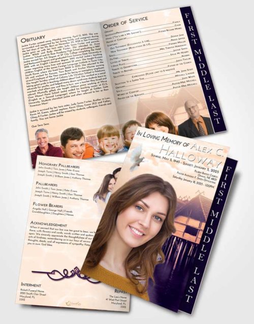 2 Page Graduated Step Fold Funeral Program Template Brochure Lavender Sunset Ocean Living