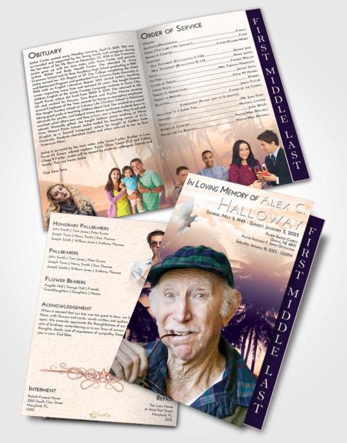 2 Page Graduated Step Fold Funeral Program Template Brochure Lavender Sunset Palm Paradise