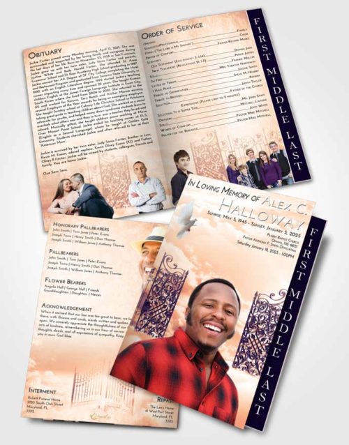 2 Page Graduated Step Fold Funeral Program Template Brochure Lavender Sunset Pearly Gates of Heaven