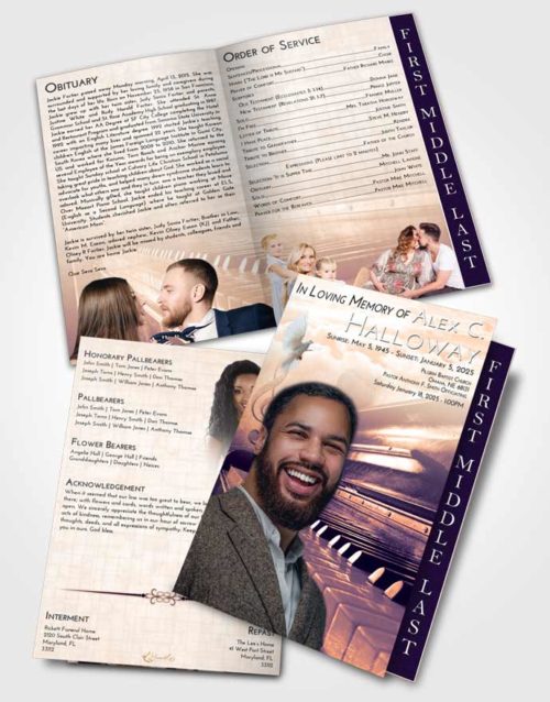 2 Page Graduated Step Fold Funeral Program Template Brochure Lavender Sunset Piano Passion