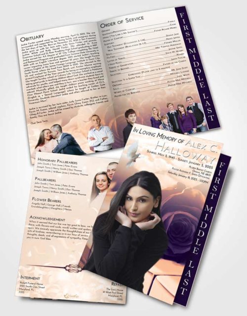 2 Page Graduated Step Fold Funeral Program Template Brochure Lavender Sunset Piano Rose