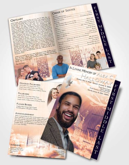 2 Page Graduated Step Fold Funeral Program Template Brochure Lavender Sunset Precious Gates to Heaven