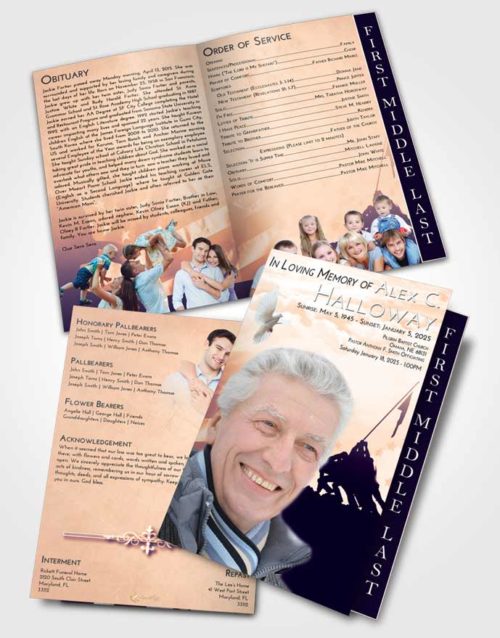 2 Page Graduated Step Fold Funeral Program Template Brochure Lavender Sunset Proud Veteran