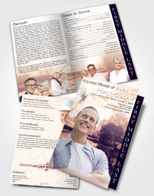 2 Page Graduated Step Fold Funeral Program Template Brochure Lavender Sunset River Reflection