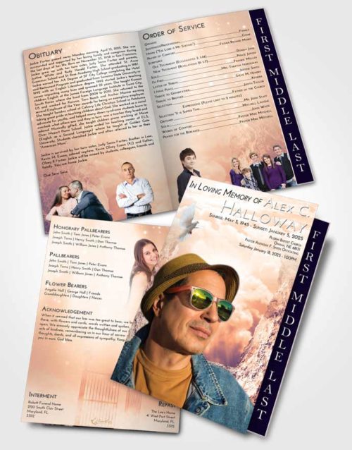 2 Page Graduated Step Fold Funeral Program Template Brochure Lavender Sunset Rocky Gates to Heaven