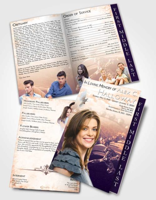 2 Page Graduated Step Fold Funeral Program Template Brochure Lavender Sunset Rosary Prayer
