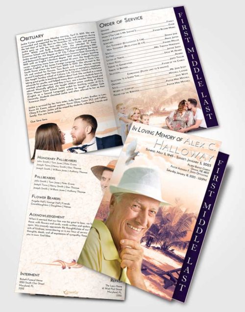 2 Page Graduated Step Fold Funeral Program Template Brochure Lavender Sunset Sandy Beach