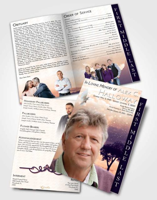 2 Page Graduated Step Fold Funeral Program Template Brochure Lavender Sunset Scenic Sky