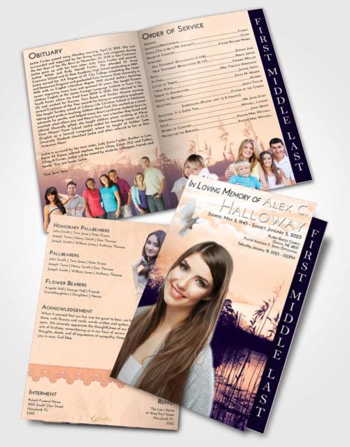 2 Page Graduated Step Fold Funeral Program Template Brochure Lavender Sunset Serenity Lake