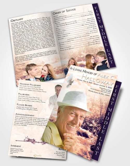 2 Page Graduated Step Fold Funeral Program Template Brochure Lavender Sunset Silver Stream