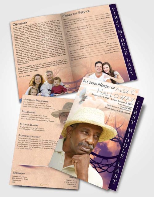 2 Page Graduated Step Fold Funeral Program Template Brochure Lavender Sunset Sky Ball