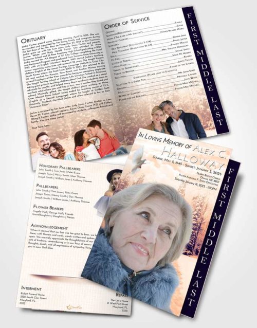 2 Page Graduated Step Fold Funeral Program Template Brochure Lavender Sunset Snow Garden