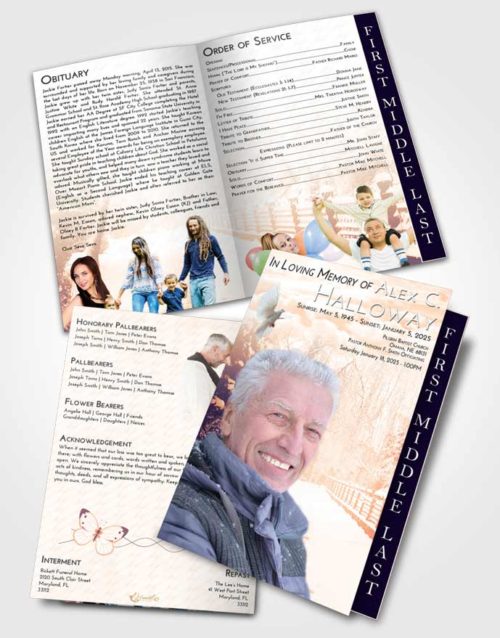 2 Page Graduated Step Fold Funeral Program Template Brochure Lavender Sunset Snow Walk