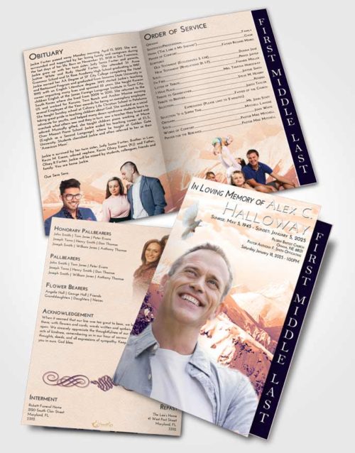 2 Page Graduated Step Fold Funeral Program Template Brochure Lavender Sunset Snowy Mountains