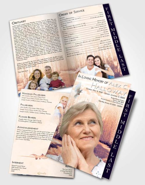 2 Page Graduated Step Fold Funeral Program Template Brochure Lavender Sunset Snowy Stream