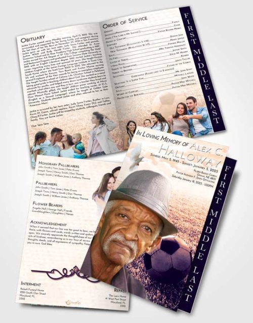 2 Page Graduated Step Fold Funeral Program Template Brochure Lavender Sunset Soccer Journey