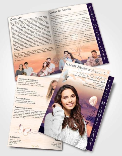 2 Page Graduated Step Fold Funeral Program Template Brochure Lavender Sunset Soft Moonlight