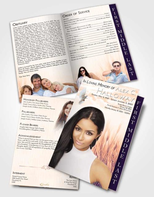 2 Page Graduated Step Fold Funeral Program Template Brochure Lavender Sunset Soft Wheat