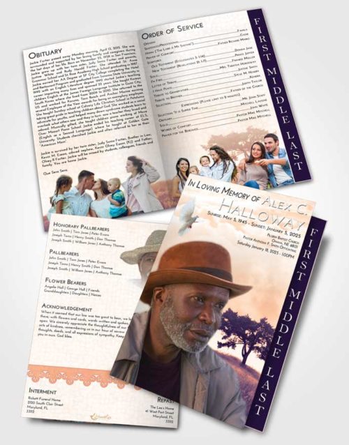 2 Page Graduated Step Fold Funeral Program Template Brochure Lavender Sunset Solumn Tree