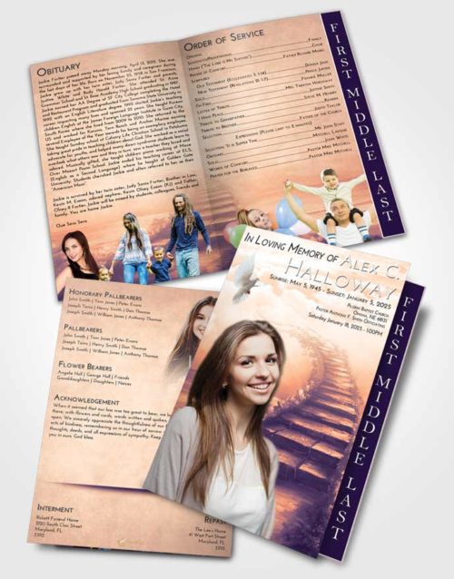 2 Page Graduated Step Fold Funeral Program Template Brochure Lavender Sunset Stairway Above
