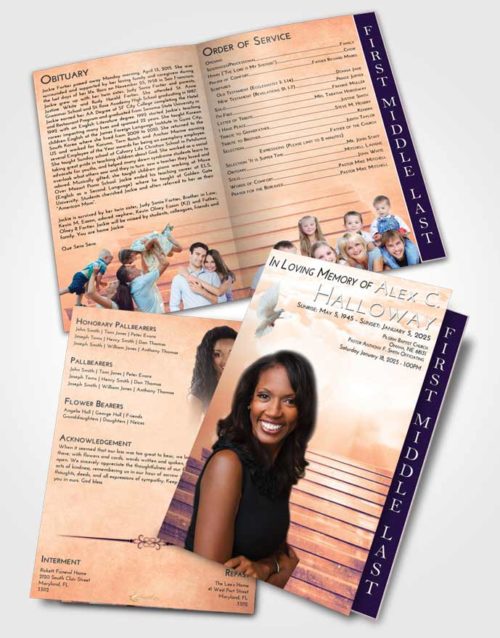 2 Page Graduated Step Fold Funeral Program Template Brochure Lavender Sunset Stairway Into the Sky