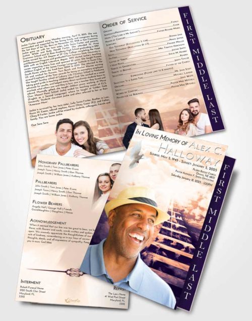 2 Page Graduated Step Fold Funeral Program Template Brochure Lavender Sunset Stairway for the Soul