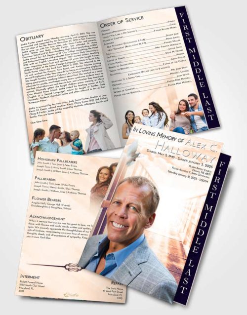 2 Page Graduated Step Fold Funeral Program Template Brochure Lavender Sunset Stairway to Faith